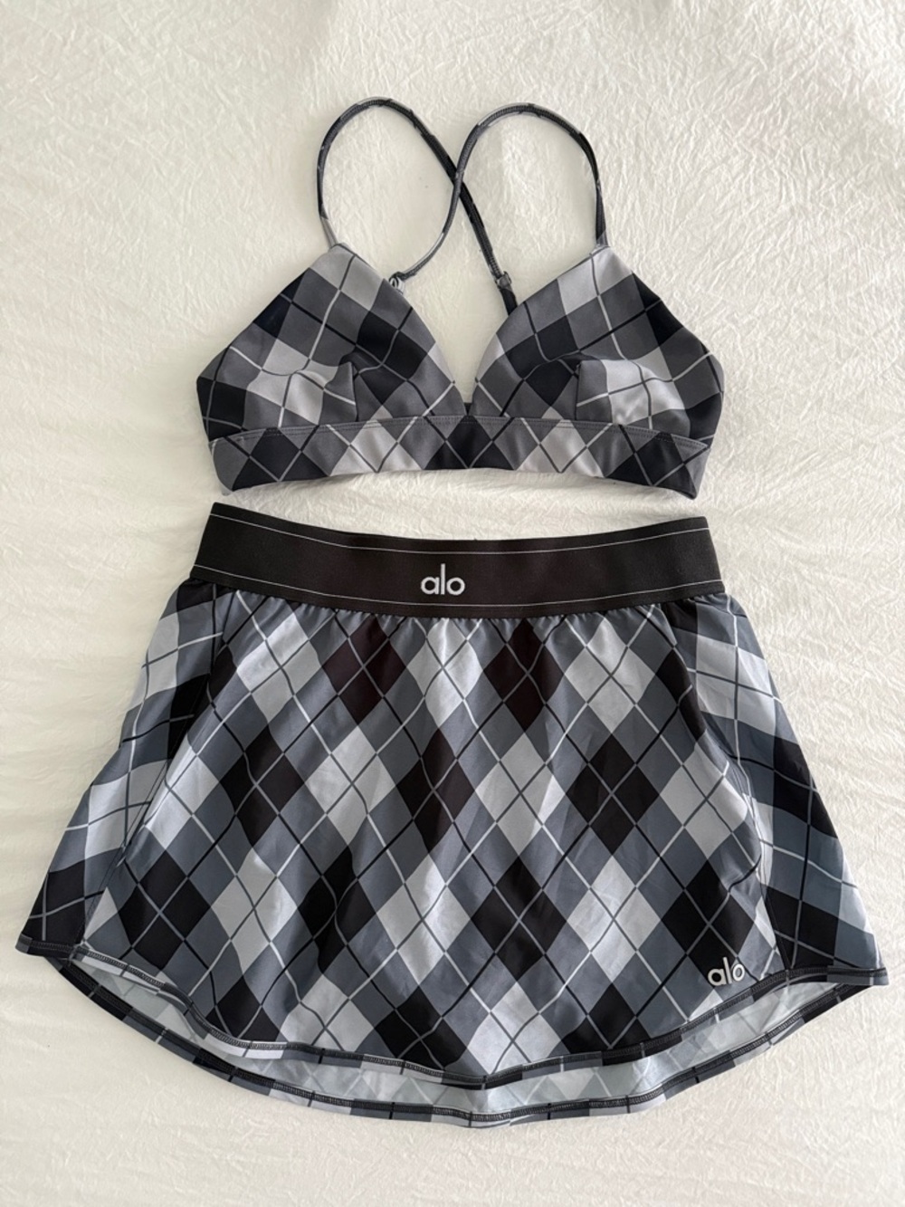 ALO Yoga Black  Argyle Match Point Tennis Skirt and Matching Vapor Argyle Bra